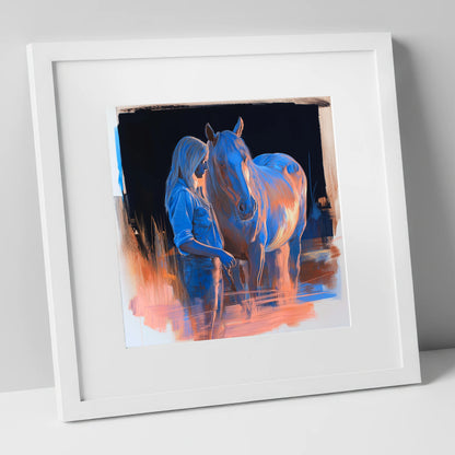 A Quiet Understanding horse & rider art print in white frame
