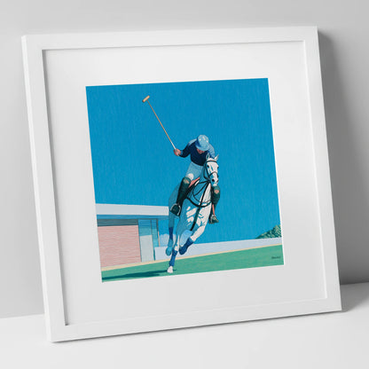 The Azure Chukka polo horse art print in white frame