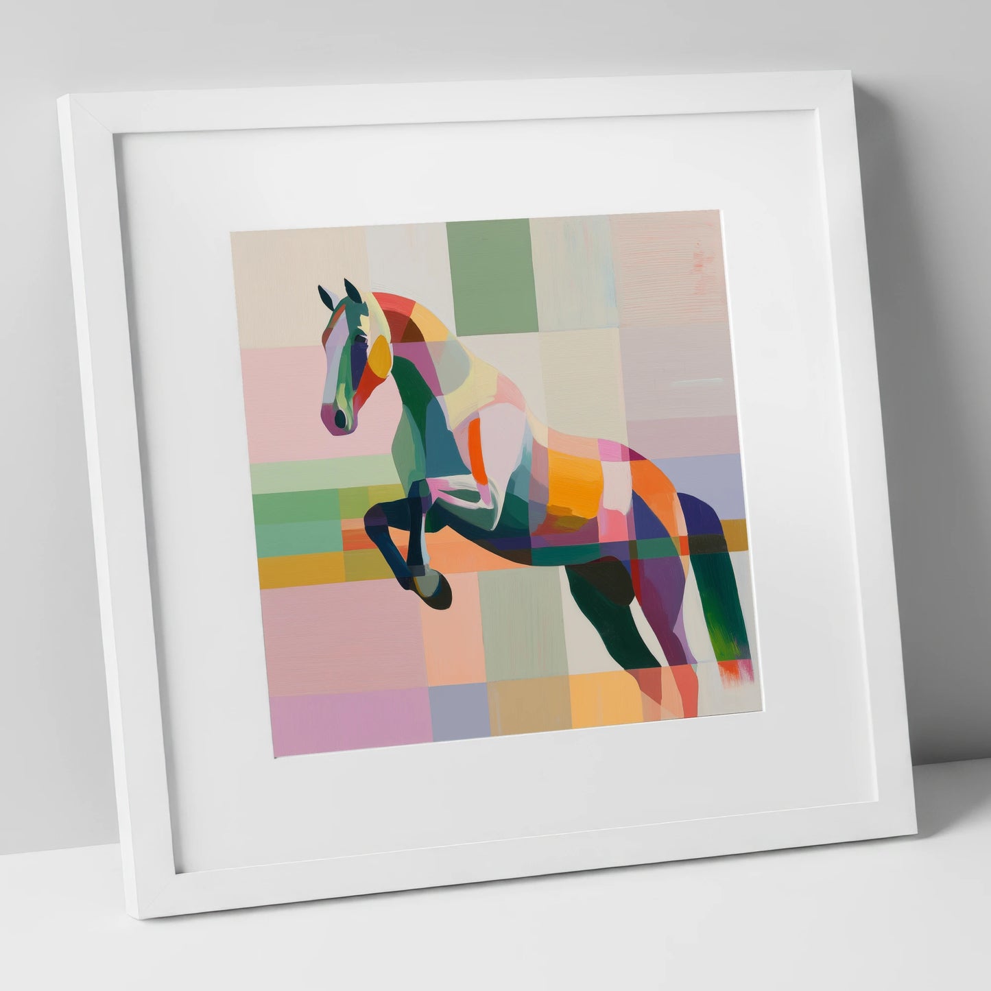 Modern Equine Leap show jumping horse art print in white frame
