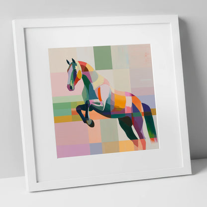 Modern Equine Leap show jumping horse art print in white frame
