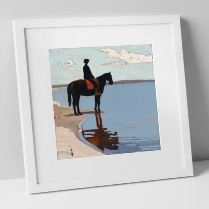 Stillness at the Shore beach horse art print in white frame