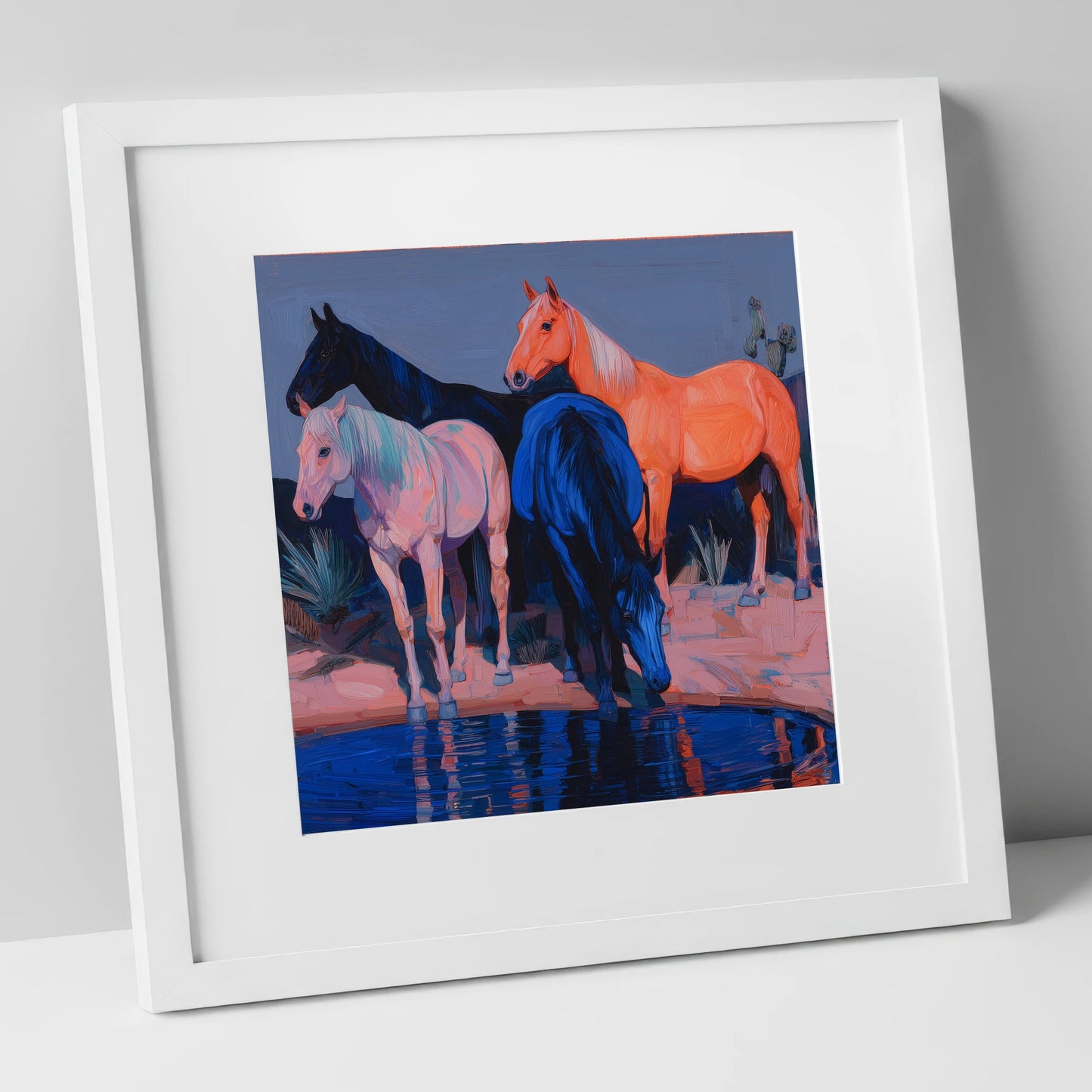 Vivid Desert Oasis wild horses art print in white frame