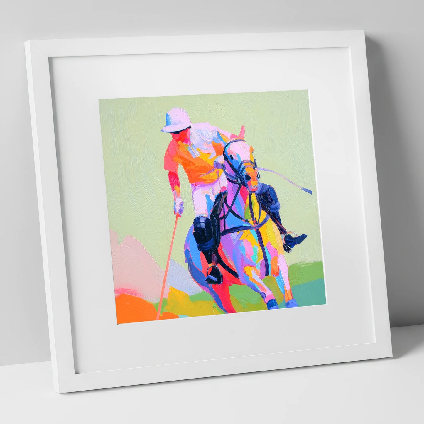 Technicolour Drive polo horse art print in white frame