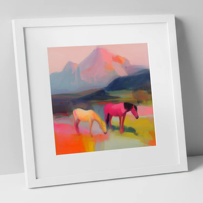Vivid Mountain Pasture horse landscape art print in white frame