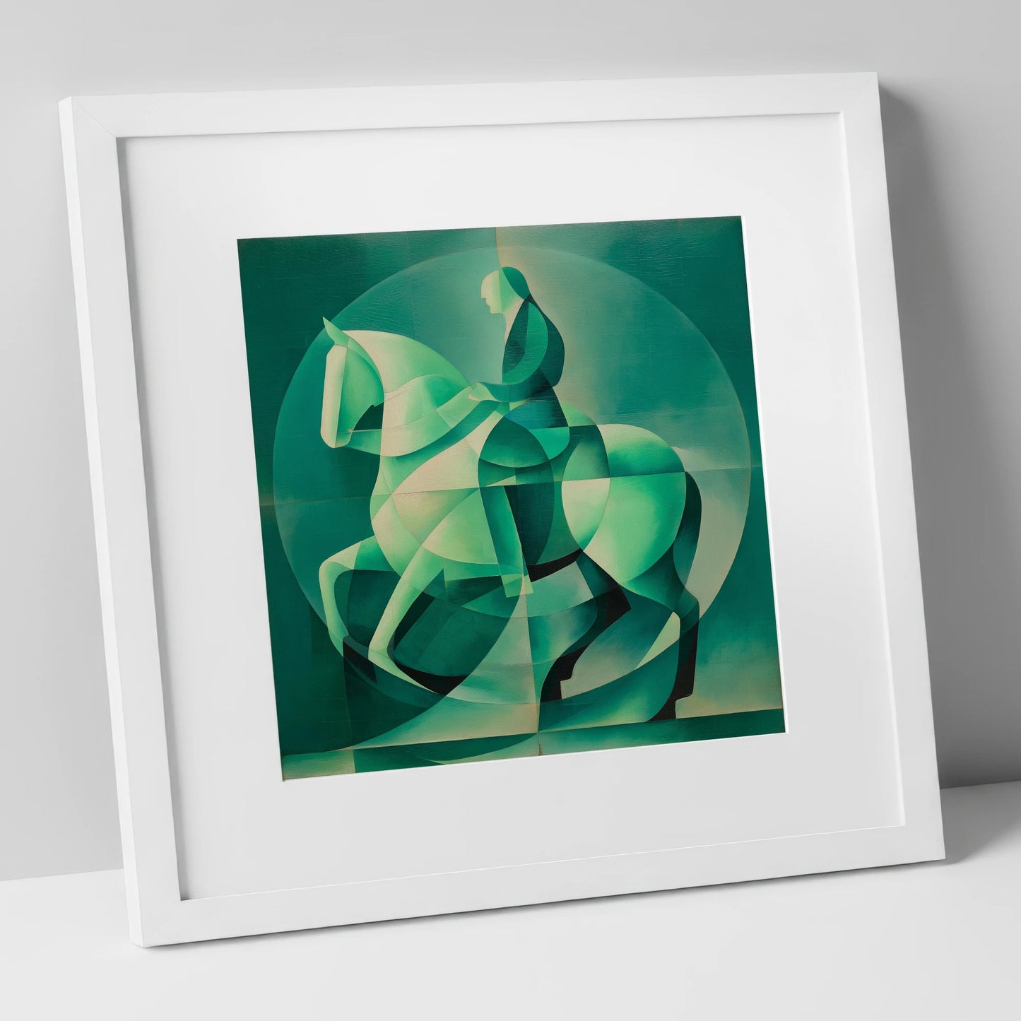 Emerald Cadence dressage horse art print in white frame