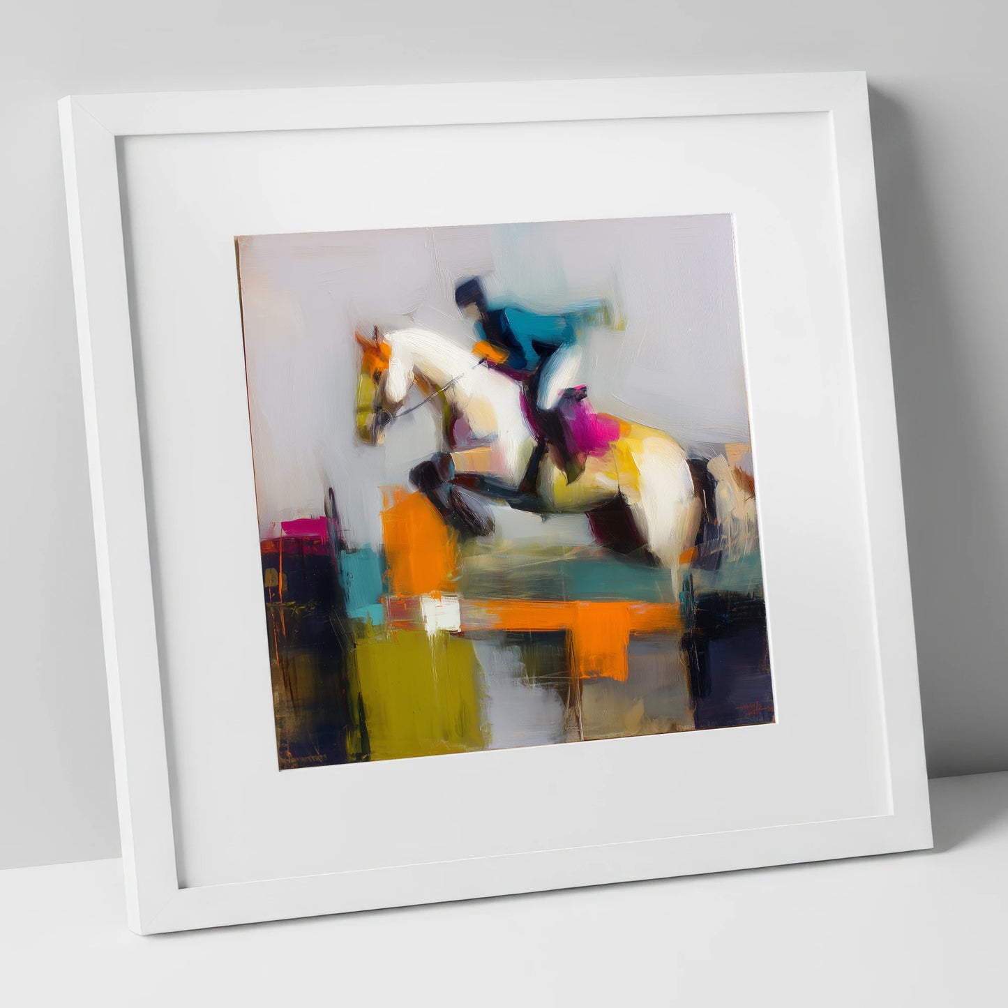 Vibrant Ascent show jumping horse art print in white frame