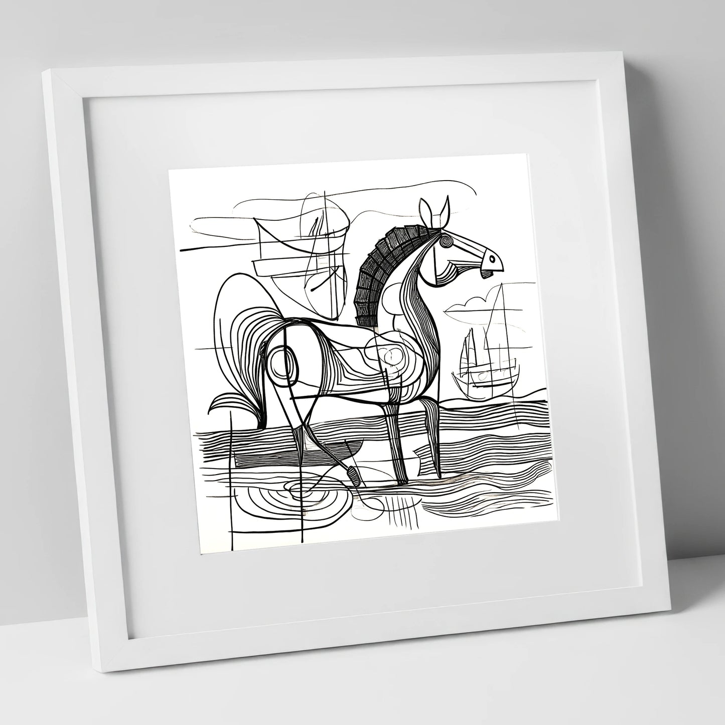 Abstract Coastal Equine beach horse art print in white frame
