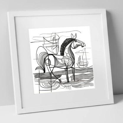 Abstract Coastal Equine beach horse art print in white frame