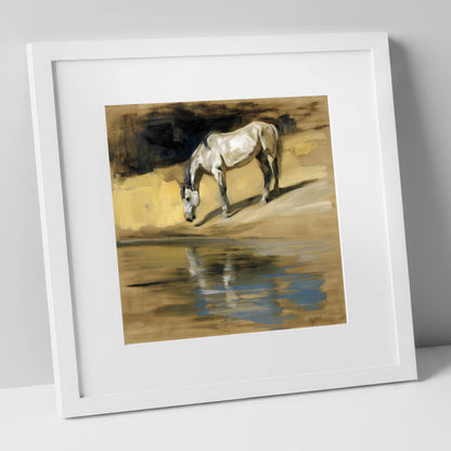 Quiet Waters Reflection horse landscape art print in white frame