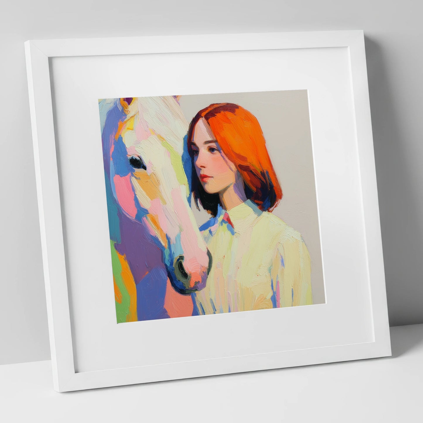 The Colour of Connection horse & rider art print in white frame
