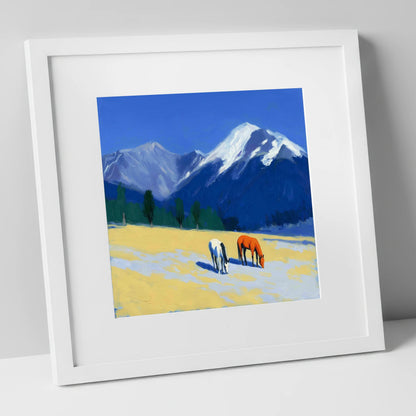 Azure Peaks and Golden Grazing horse landscape art print in white frame