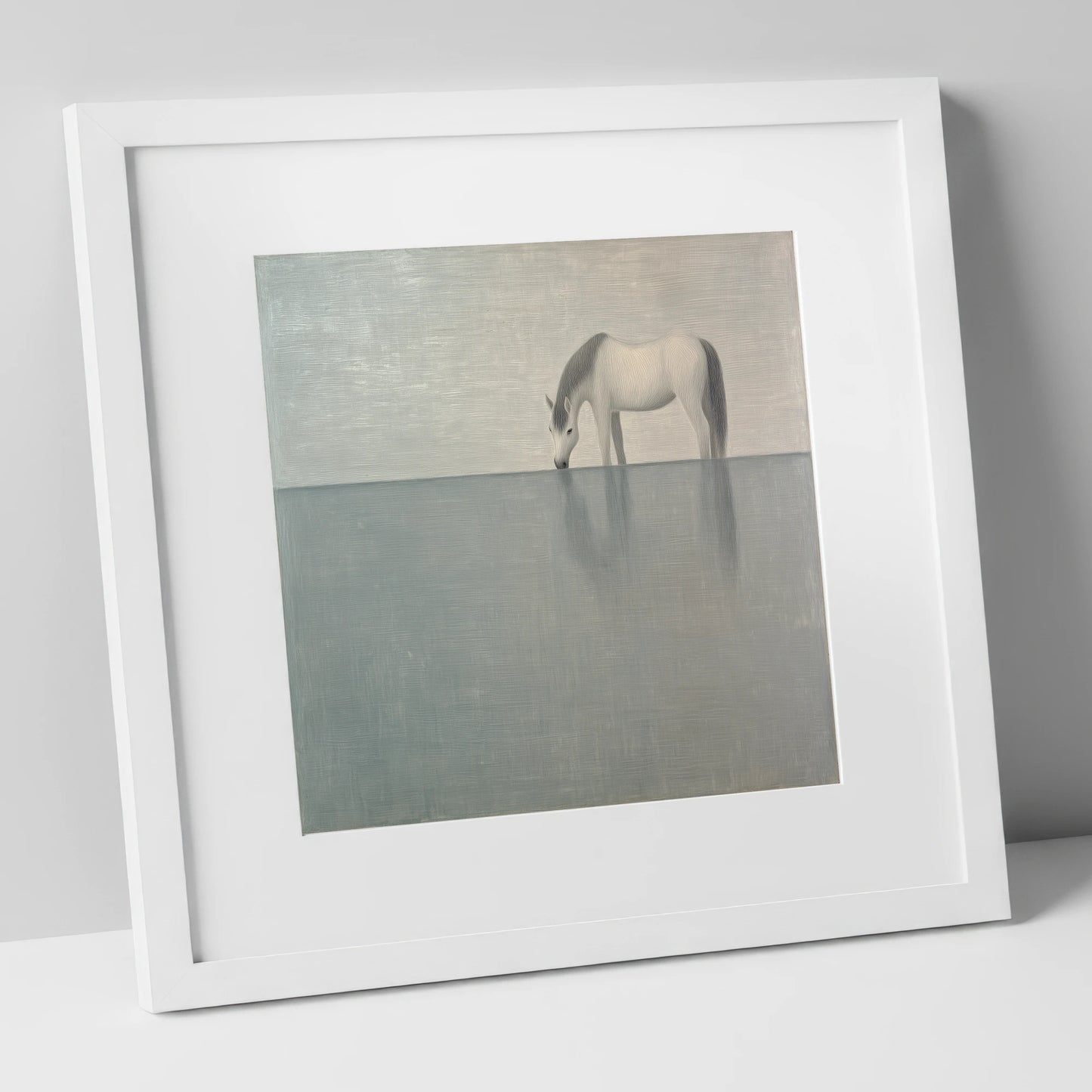Silver Stillness horse landscape art print in white frame