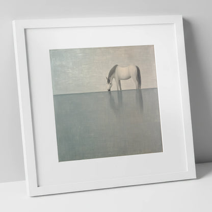 Silver Stillness horse landscape art print in white frame