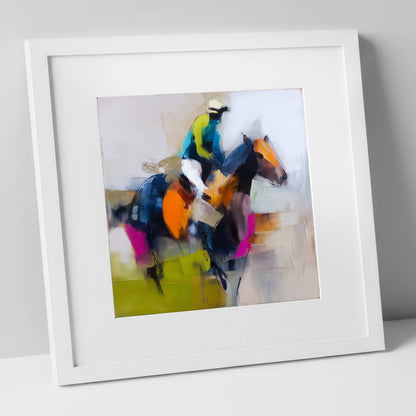 The Vivid Furlong racing horse art print in white frame