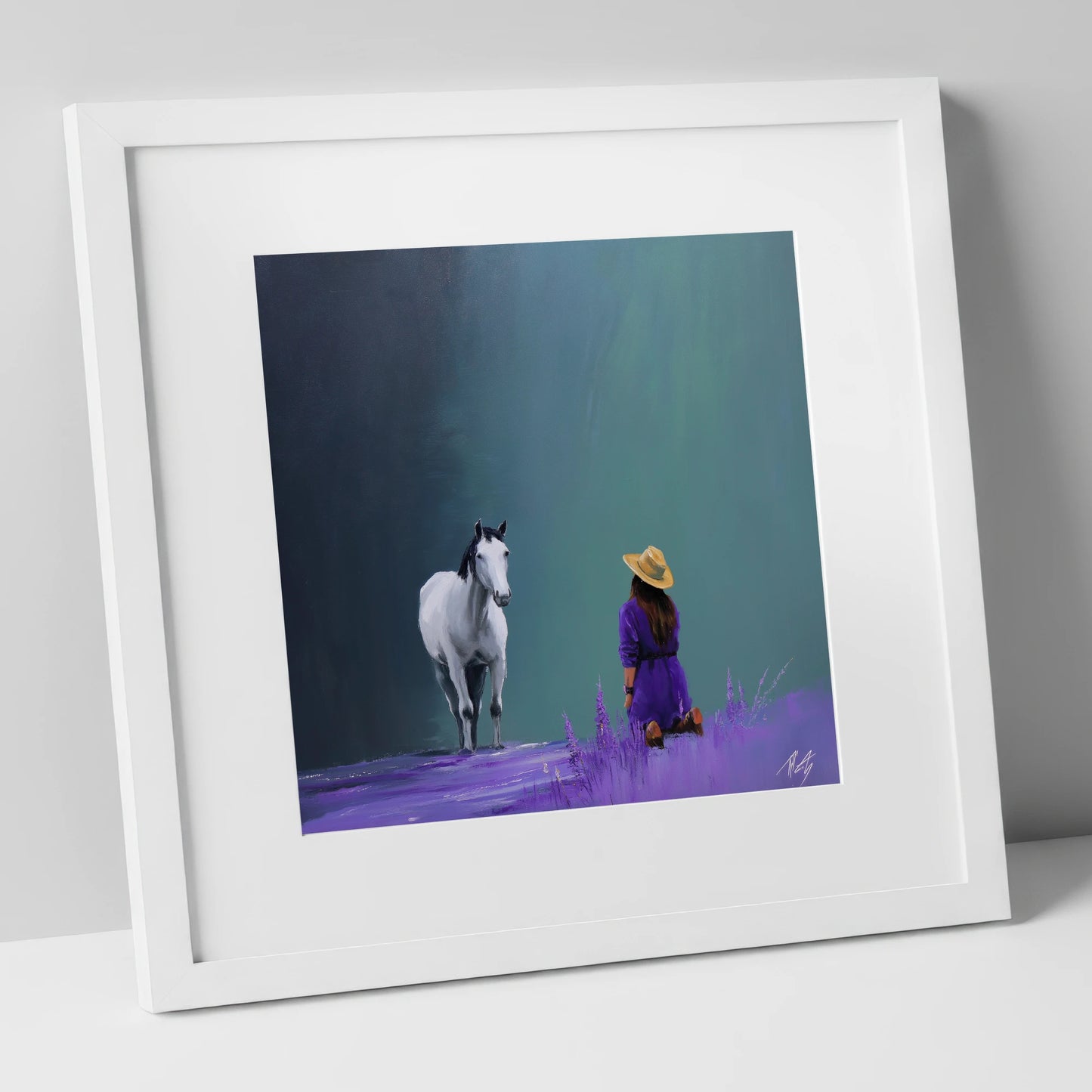 Silent Communion horse & rider art print in white frame