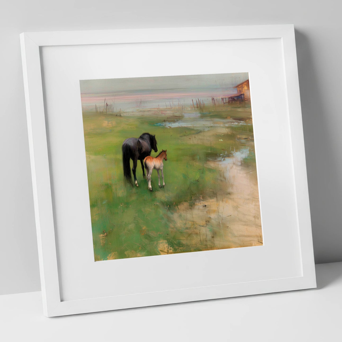 Morning on the Marsh mare & foal art print in white frame