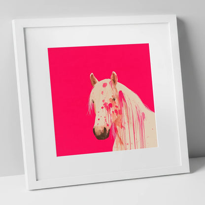 Modern Magenta Equine horse portrait art print in white frame
