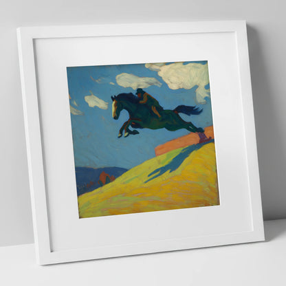 Airborne Splendour show jumping horse art print in white frame