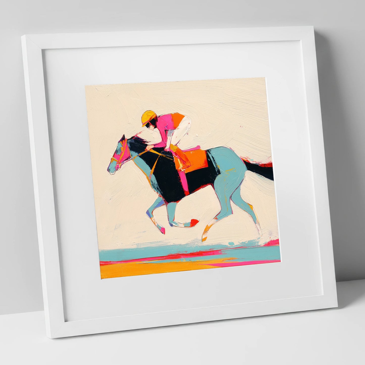 Technicolour Gallop racing horse art print in white frame