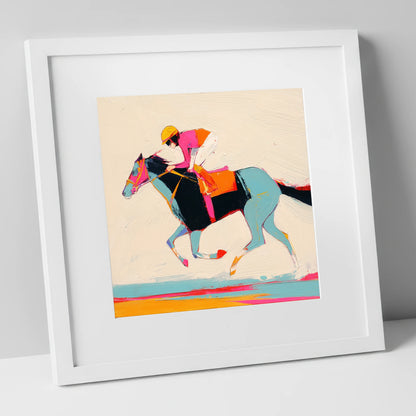 Technicolour Gallop racing horse art print in white frame