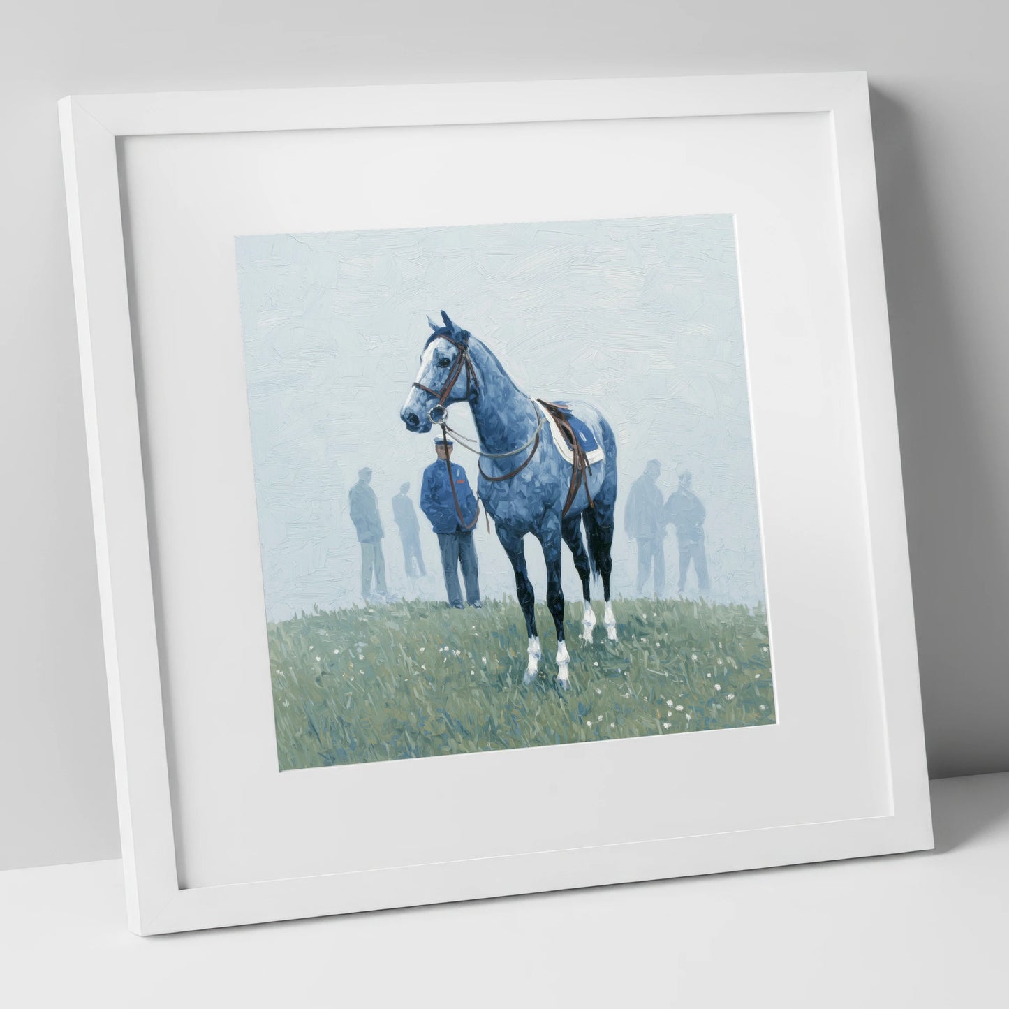 Waiting in the Mist racing horse art print in white frame