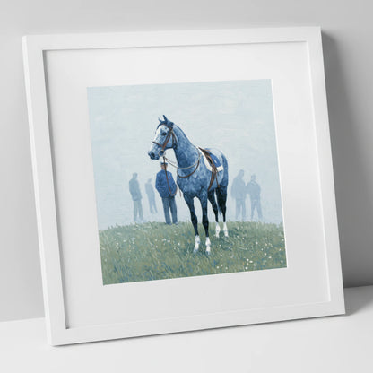 Waiting in the Mist racing horse art print in white frame