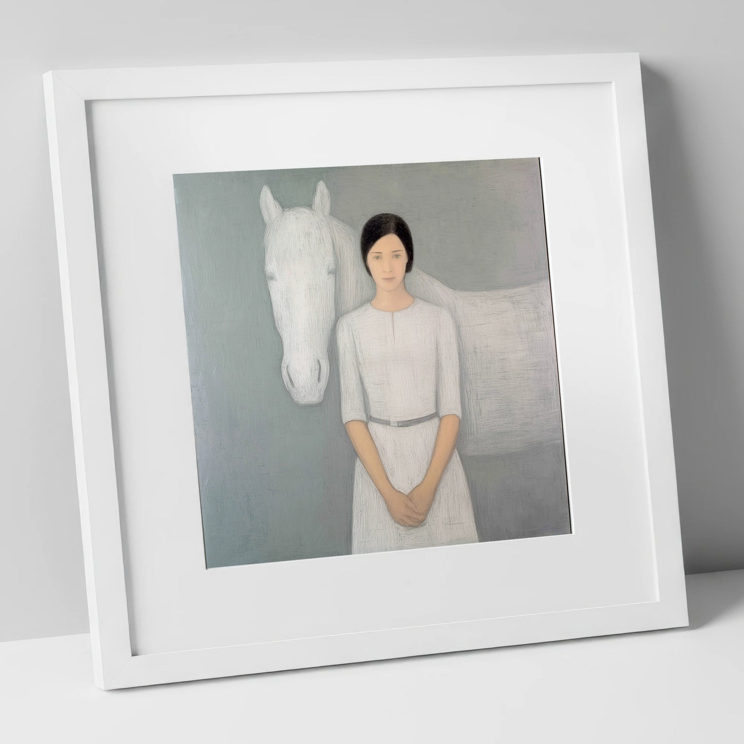 Quiet Connection horse & rider art print in white frame