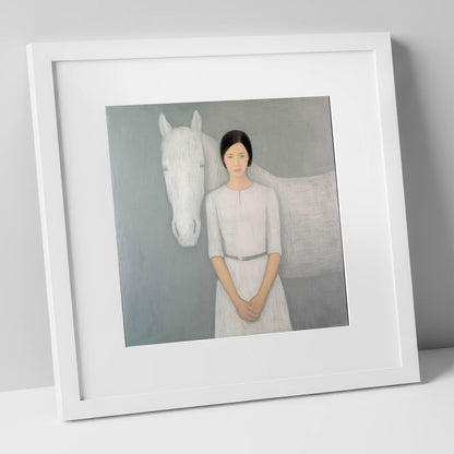 Quiet Connection horse & rider art print in white frame