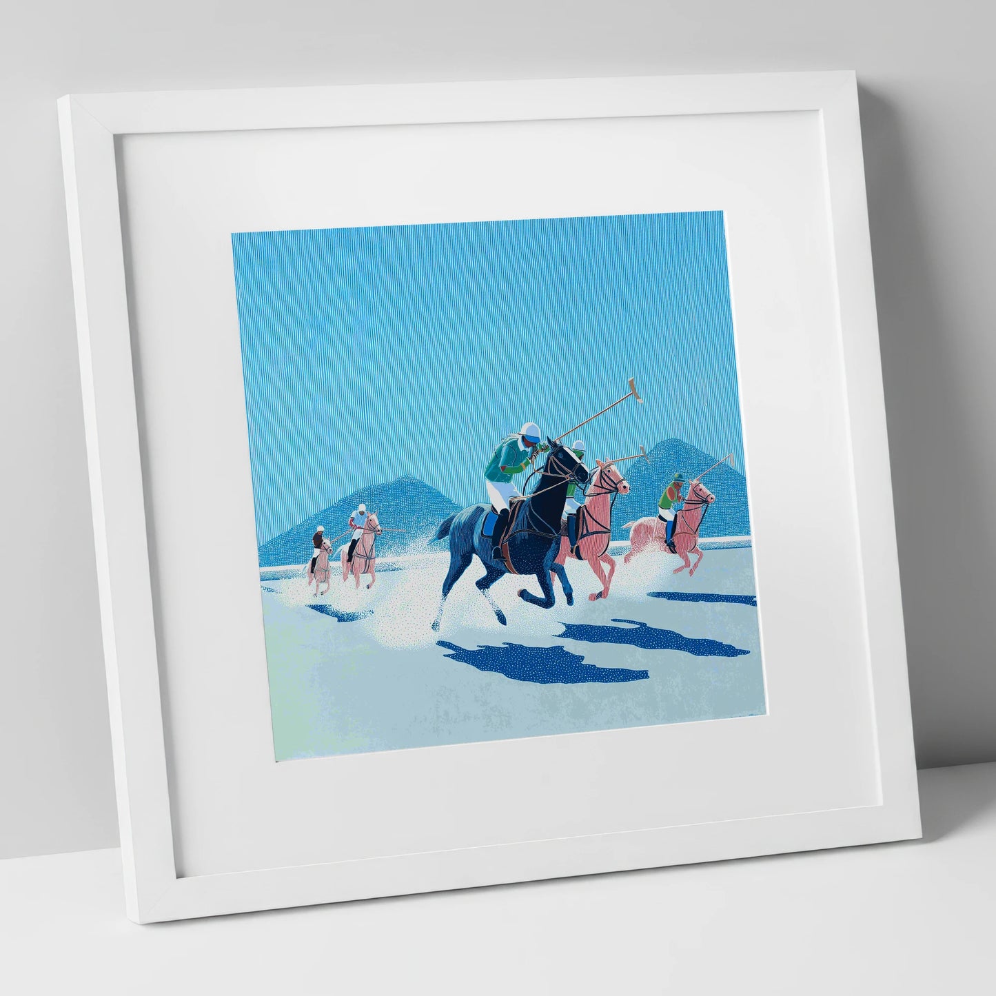 Azure Polo Pursuit polo horse art print in white frame