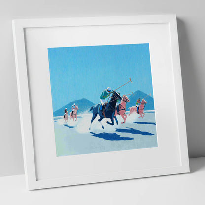 Azure Polo Pursuit polo horse art print in white frame