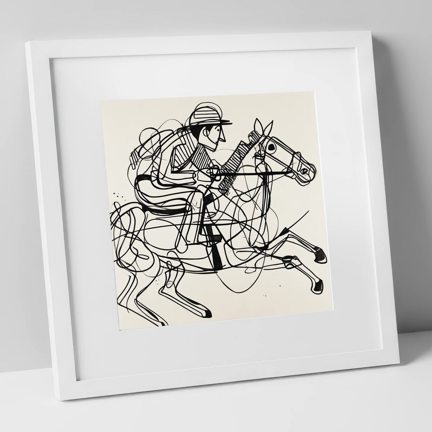 The Abstract Sprint racing horse art print in white frame