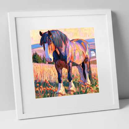 Colourful Heavy Horse in Meadow horse breed art print in white frame