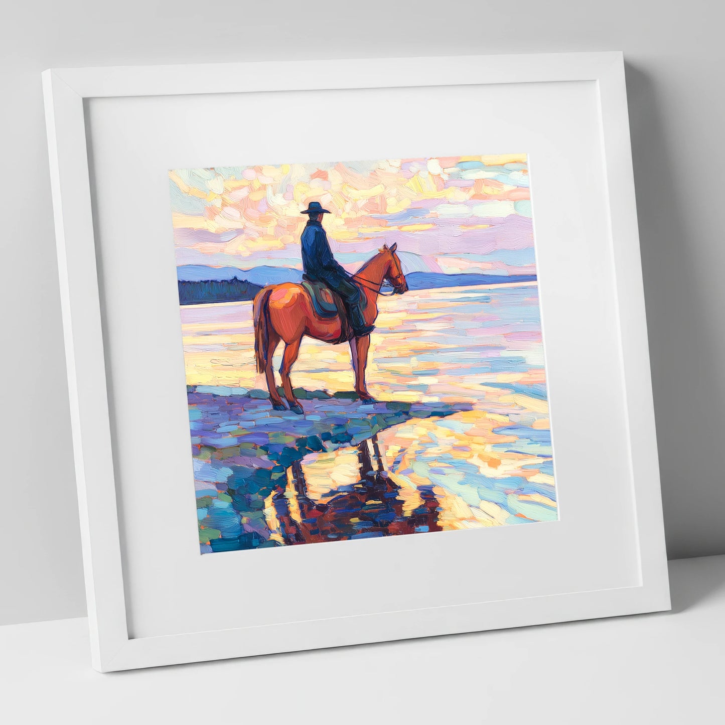 Solitary Sunset Ride beach horse art print in white frame
