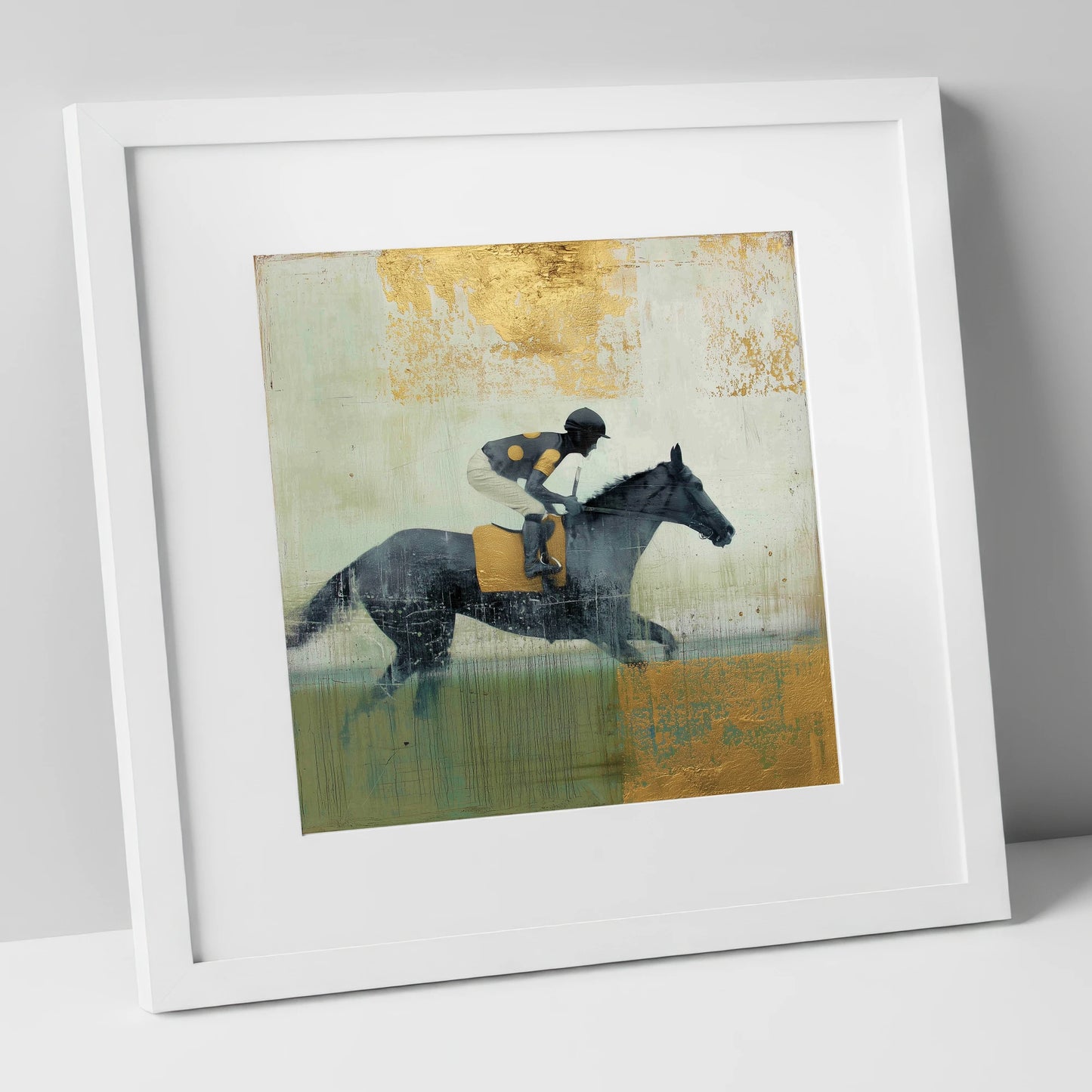 The Golden Furlong racing horse art print in white frame