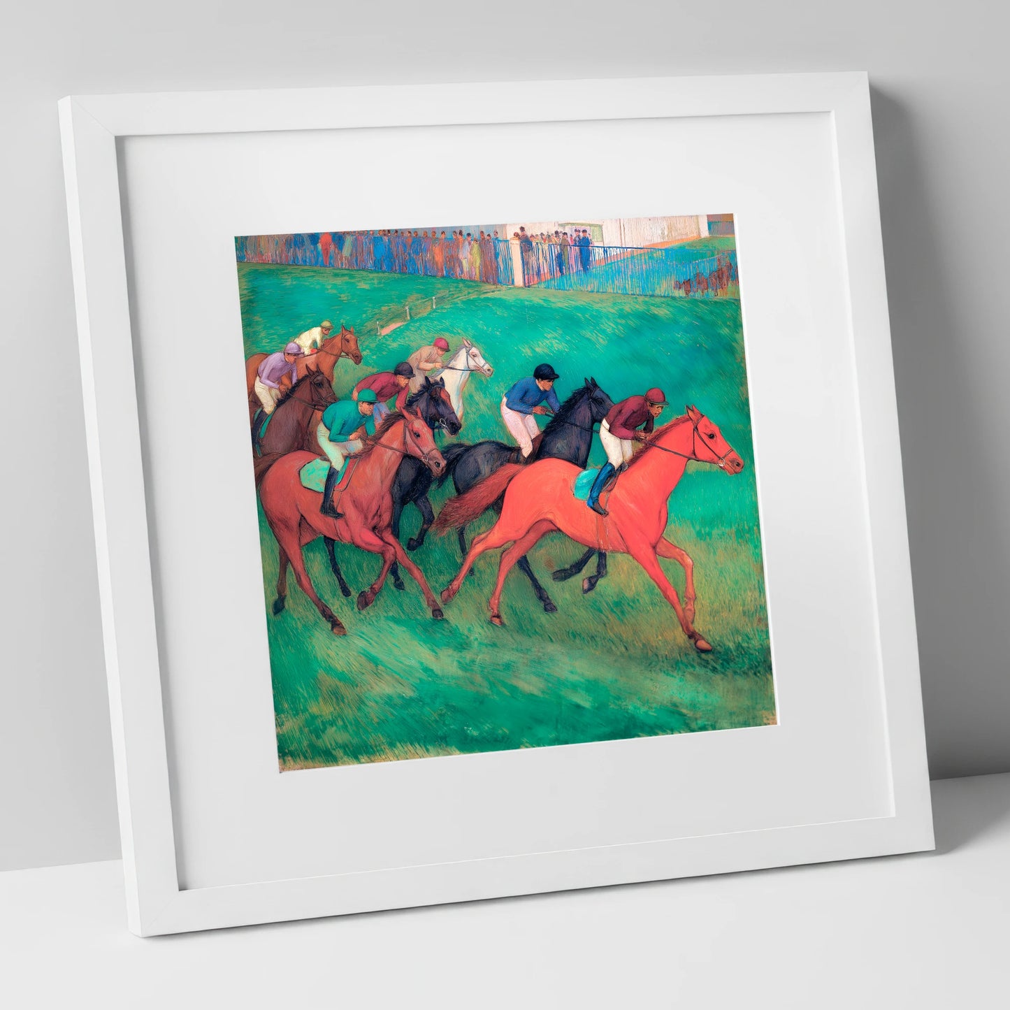 The Crimson Gallop racing horse art print in white frame