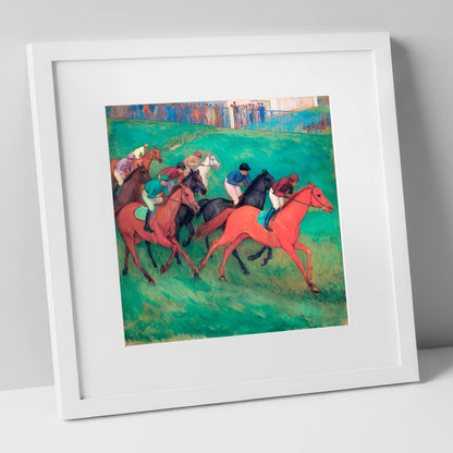 The Crimson Gallop racing horse art print in white frame
