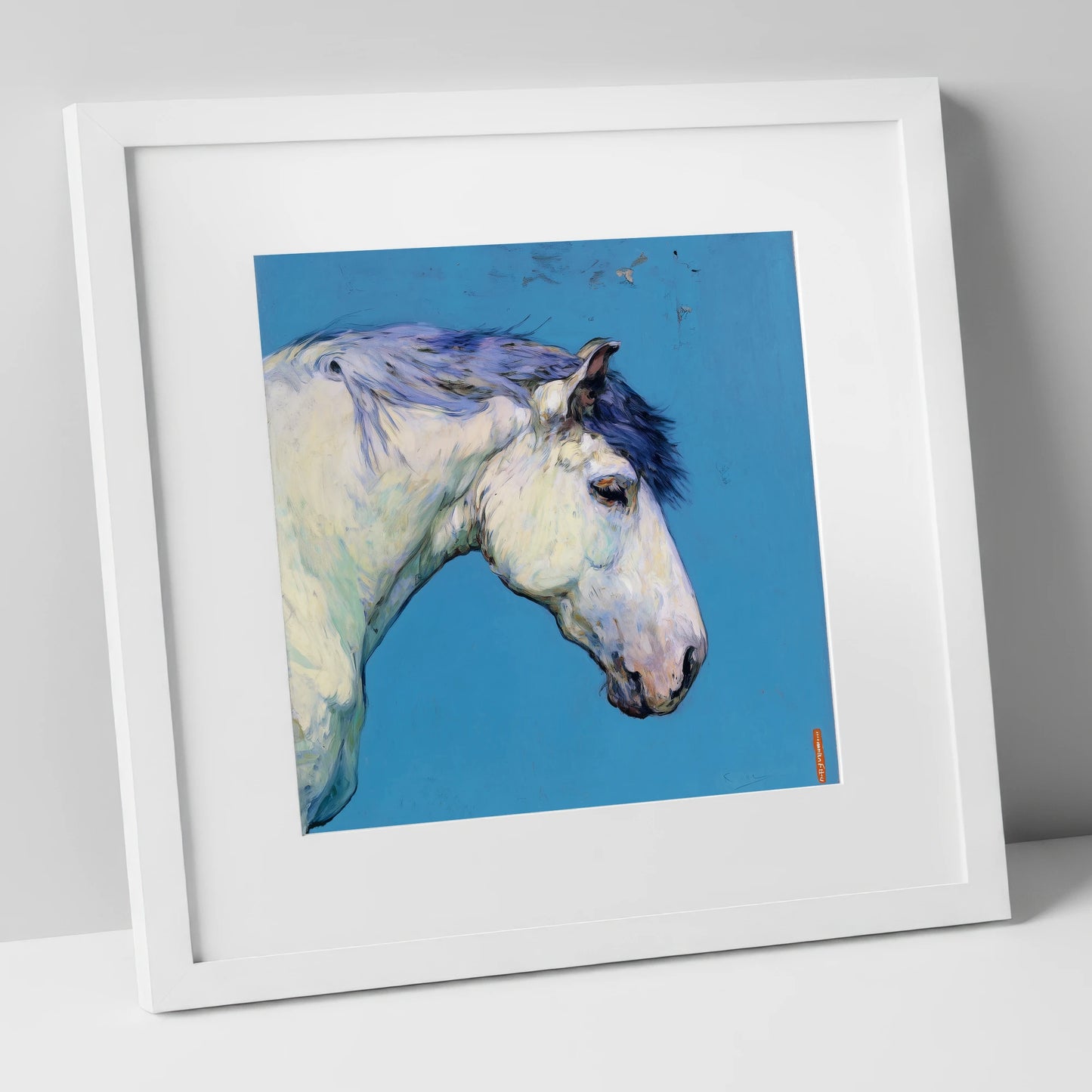 The Azure Grey horse portrait art print in white frame