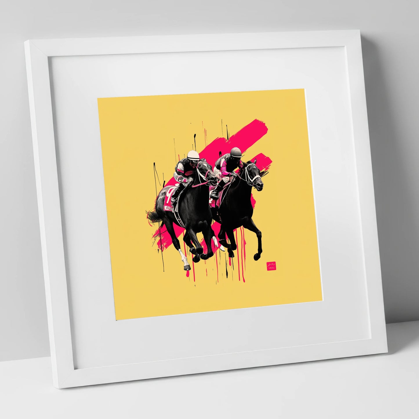 High Stakes Sprint racing horse art print in white frame