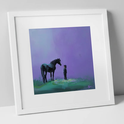 Shared Silence horse & rider art print in white frame