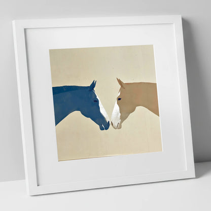 Navy and Tan Horses Greeting horse portrait art print in white frame