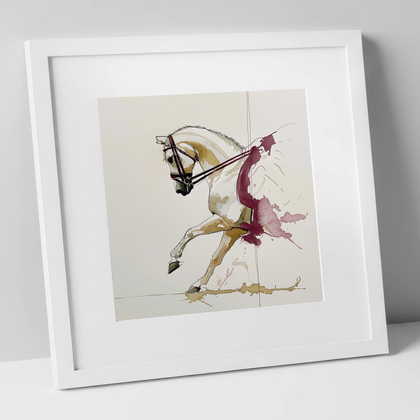 Elevated Rhythm dressage horse art print in white frame