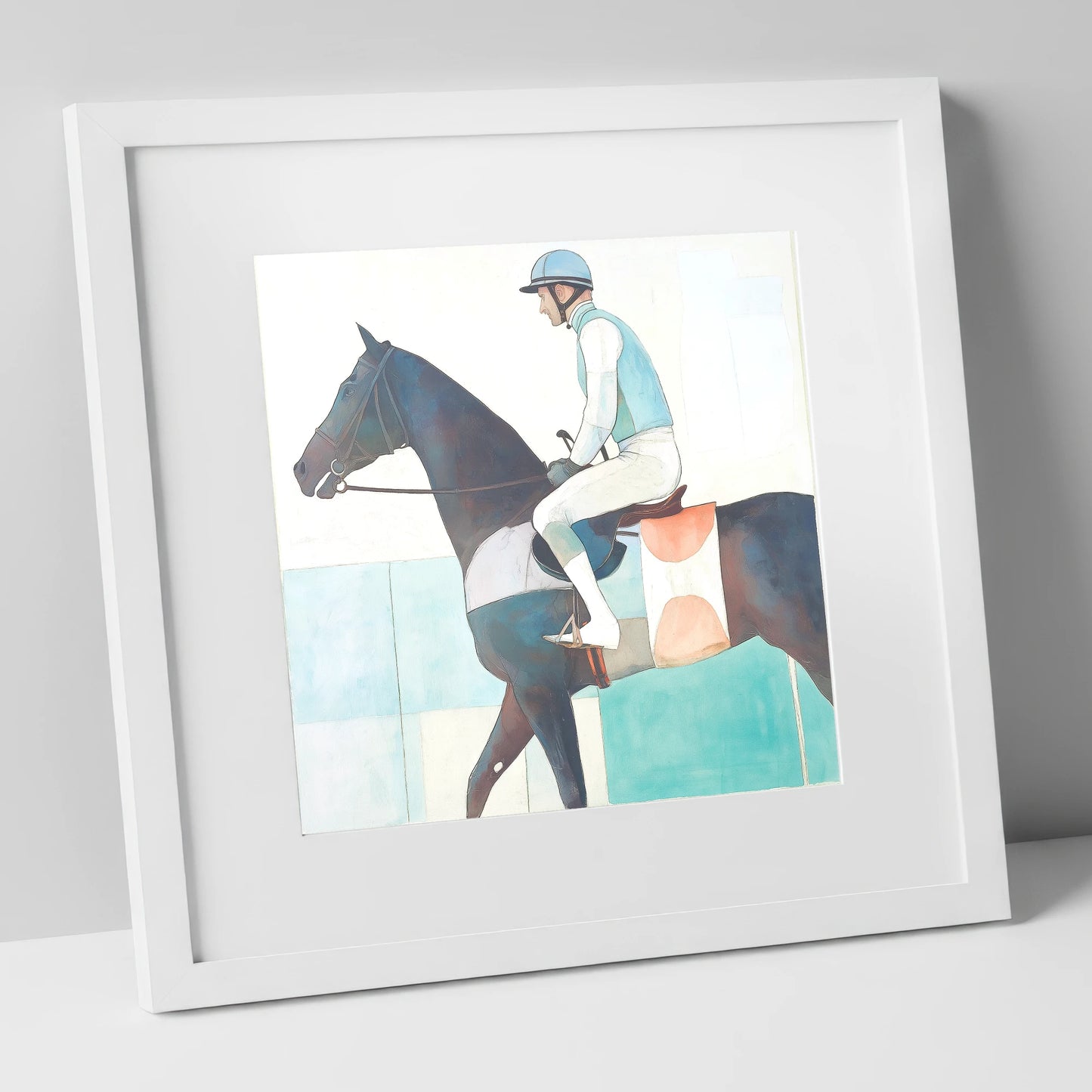 Aquamarine Stride racing horse art print in white frame