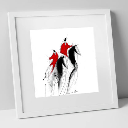 Scarlet Pursuit show jumping horse art print in white frame