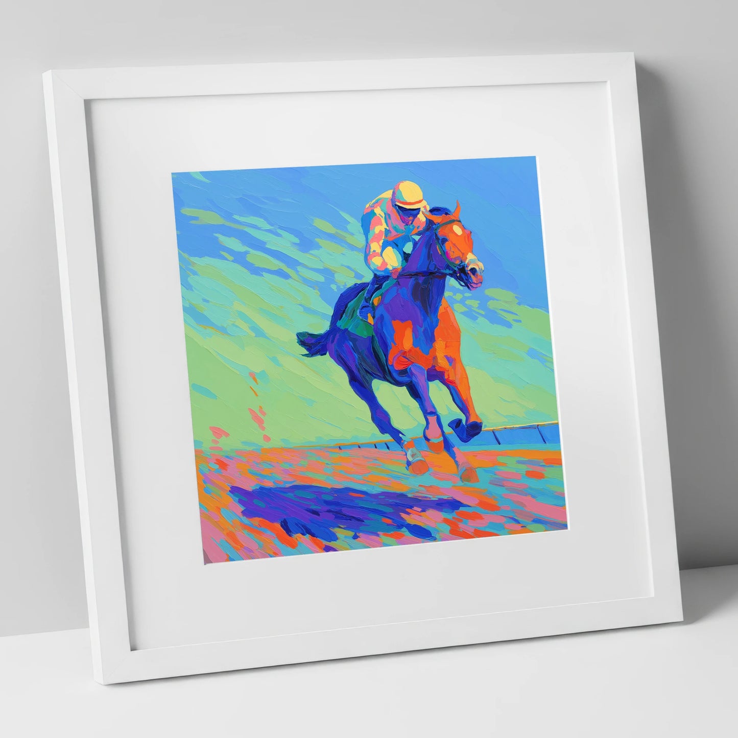 Vibrant Homestretch racing horse art print in white frame