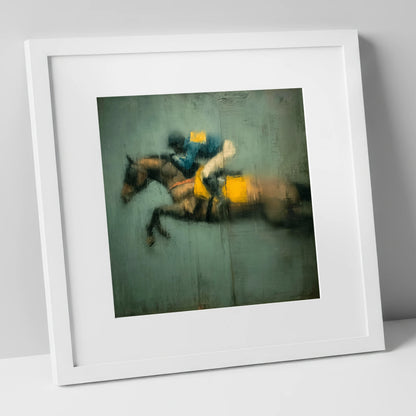 Airborne in Teal and Gold show jumping horse art print in white frame