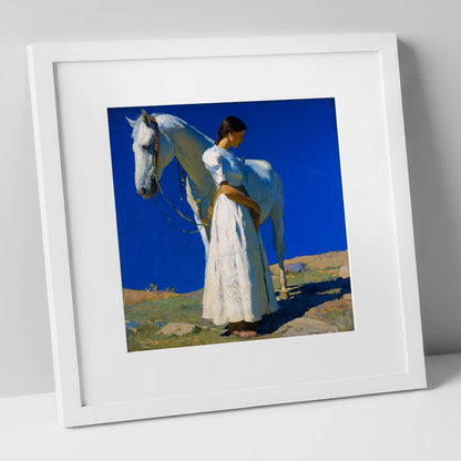 Under Azure Skies horse & rider art print in white frame