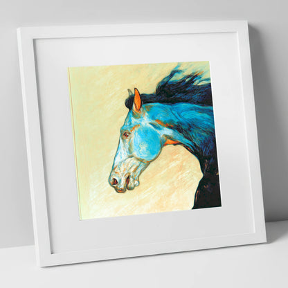 Cerulean Spirit racing horse art print in white frame