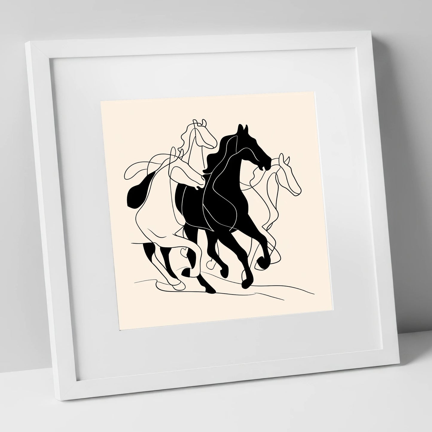 Synchronised Strides wild horses art print in white frame