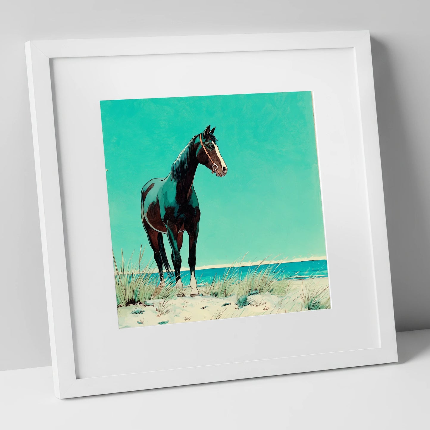 Teal Coastal Vigil horse landscape art print in white frame