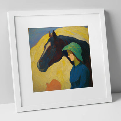 The Quiet Bond horse & rider art print in white frame